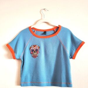 Sugar Skull Blue Orange Crop Top small BakaBae